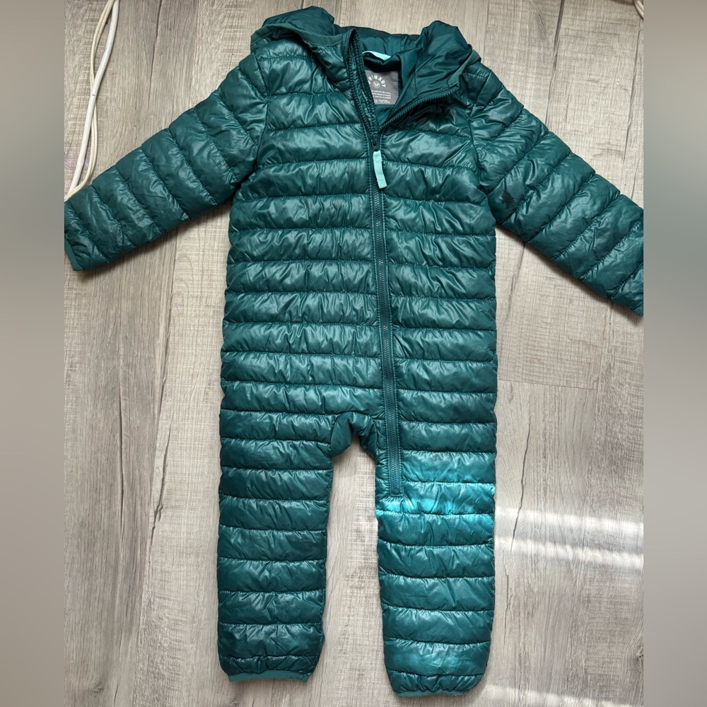 Primary Kids Teal Puffer Recylcled Polyester Snowsuit Size 18-24m